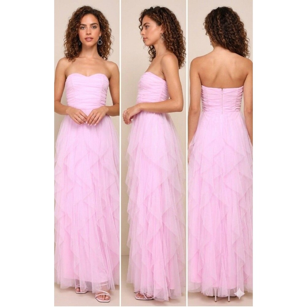 LULUS Maxi Dress‎ Delightful Beauty Pink Mesh Strapless Ruched Ruffled  Sz L New